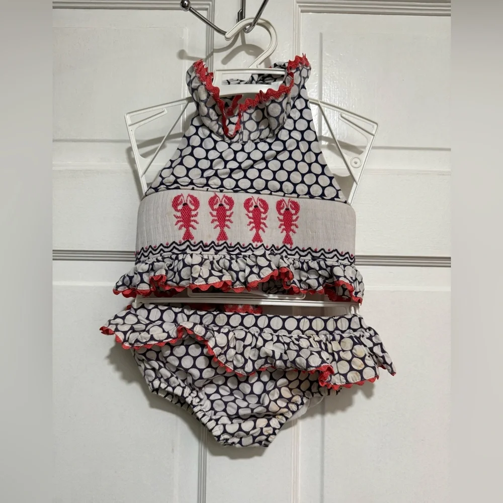 2T Girls Smocked Two Piece Swimsuit Polka Dots Lobster Crawfish Ruffles